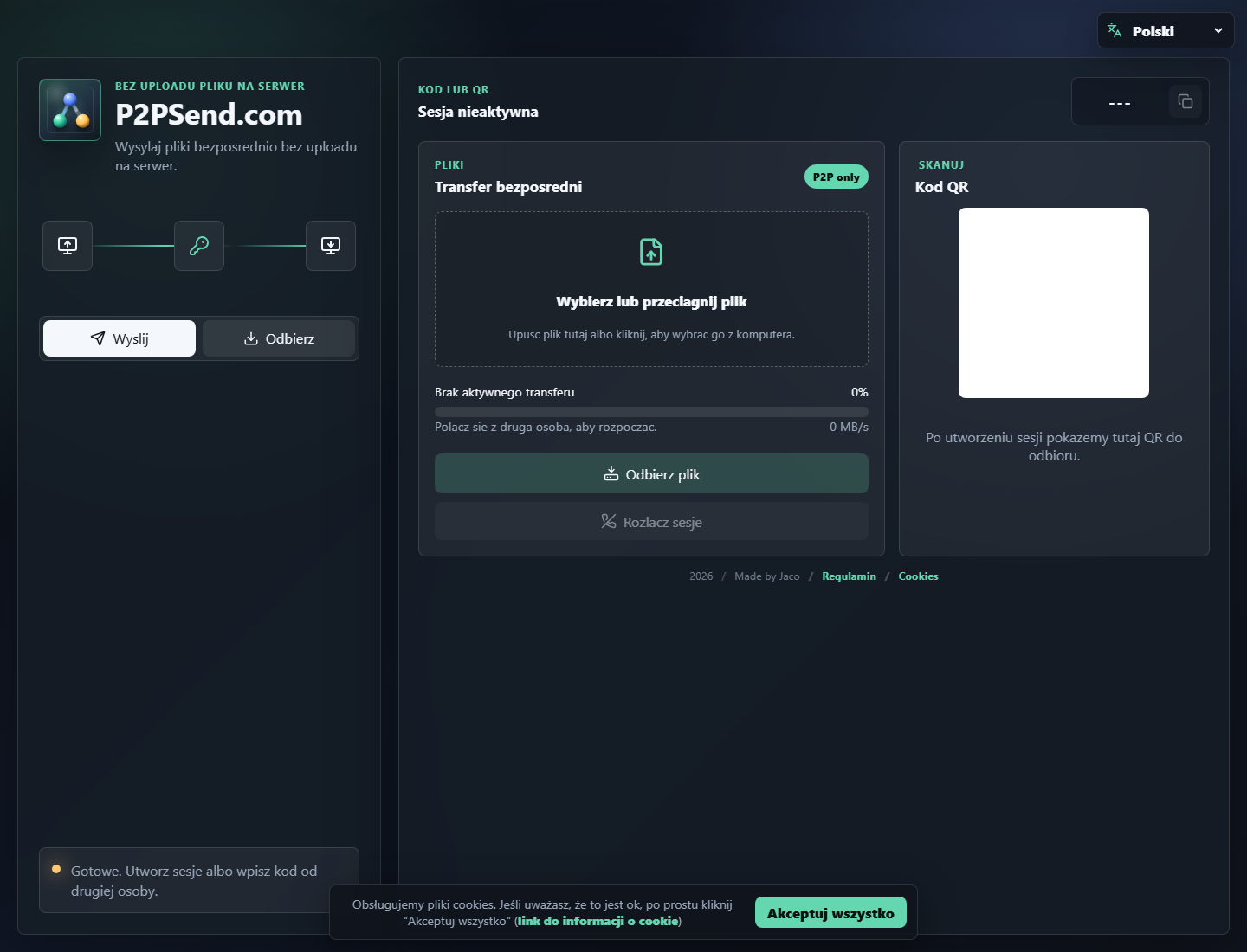 Podgląd strony P2P Send